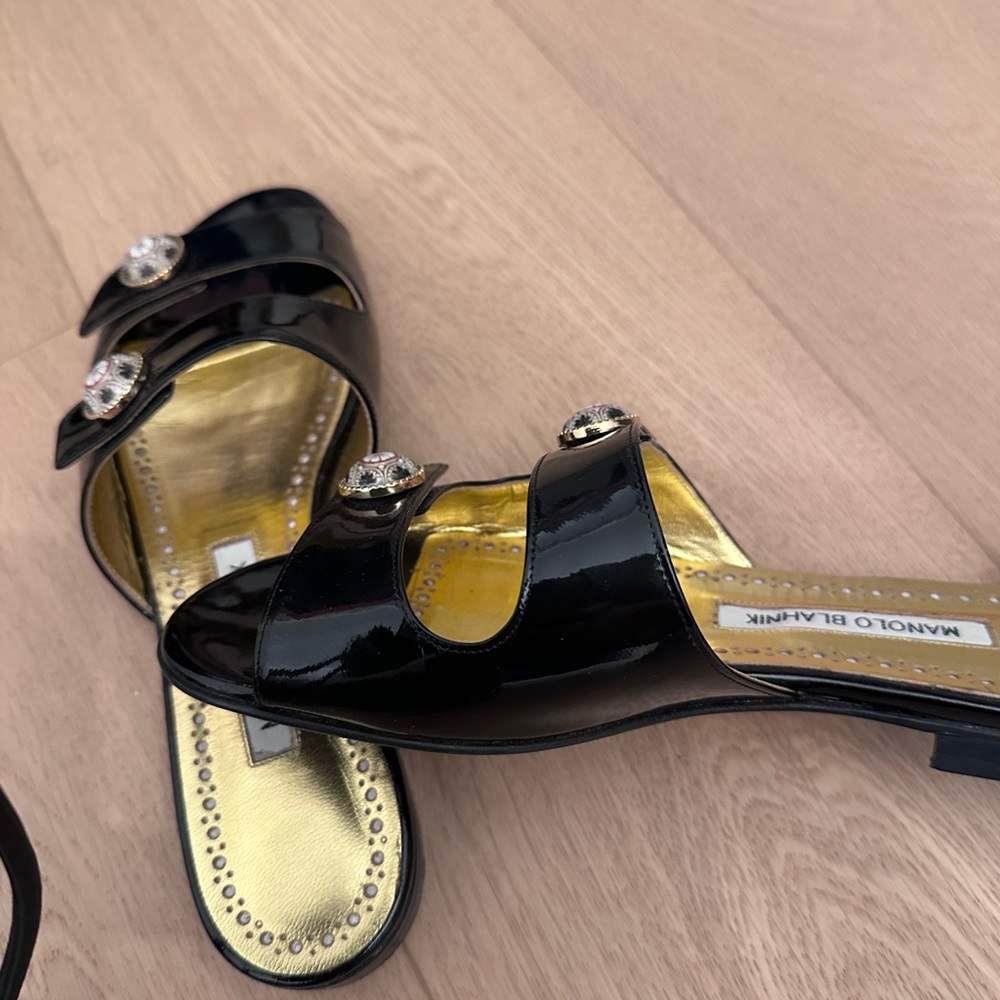 Manolo Blahnik Black Patent Leather Mules with Gold Accents